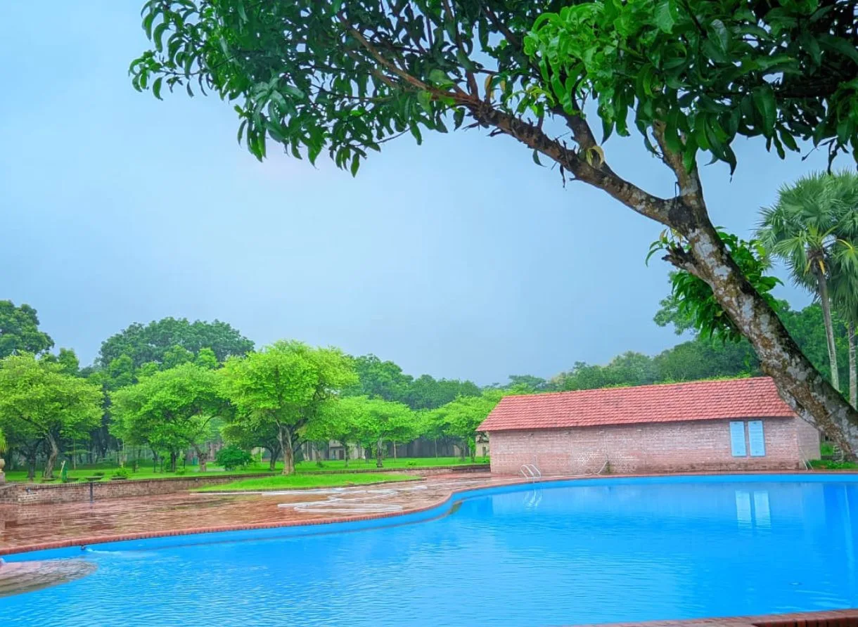 Swimming pool framed by trees at Matir Maya Eco Resort, Gazipur